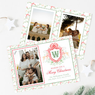 Watercolor Grandmillennial Reindeer Monogram Crest Holiday Card