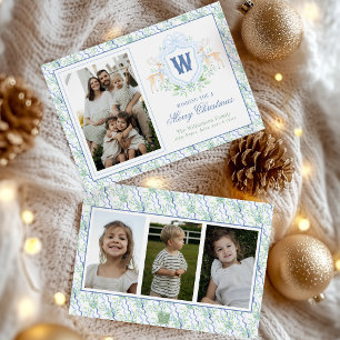 Watercolor Grandmillennial Reindeer Monogram Crest Holiday Card