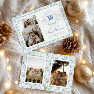 Watercolor Grandmillennial Reindeer Monogram Crest Holiday Card