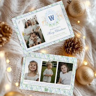 Watercolor Grandmillennial Reindeer Monogram Crest Holiday Card