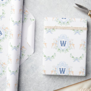 Watercolor Grandmillennial Reindeer Monogram Crest Wrapping Paper