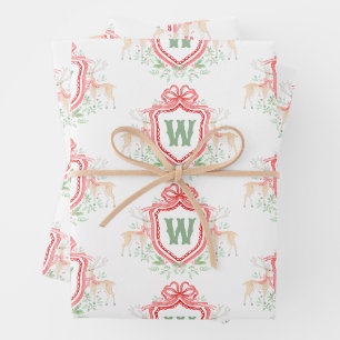 Watercolor Grandmillennial Reindeer Monogram Crest Wrapping Paper Sheet