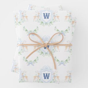 Watercolor Grandmillennial Reindeer Monogram Crest Wrapping Paper Sheet