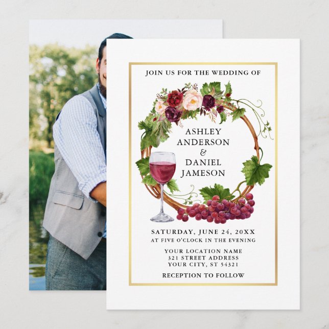 Watercolor Grape Vines Floral Wreath Photo Wedding Invitation (Front/Back)