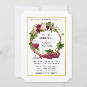 Watercolor Grape Vines Floral Wreath Wedding Gold Invitation