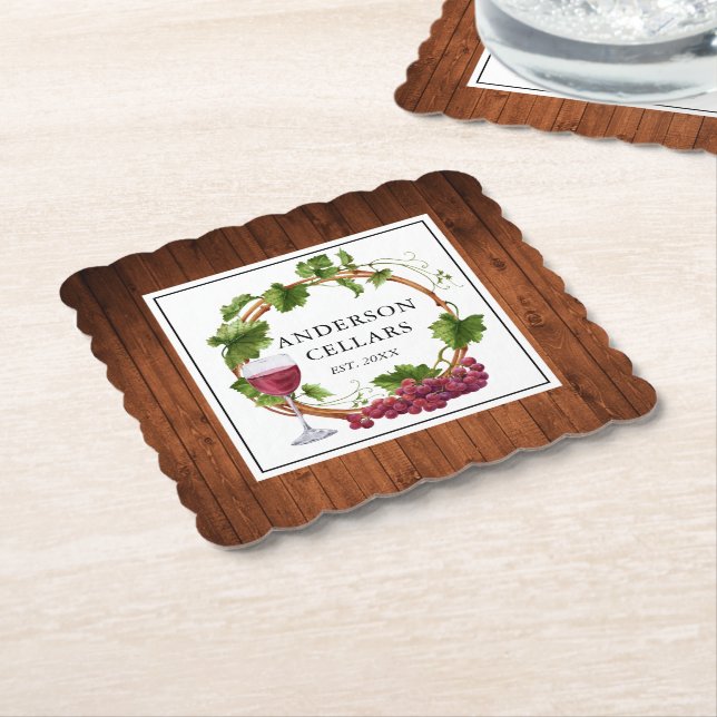Watercolor Grape Vines Wine Cellar Name Paper Coaster (Angled)
