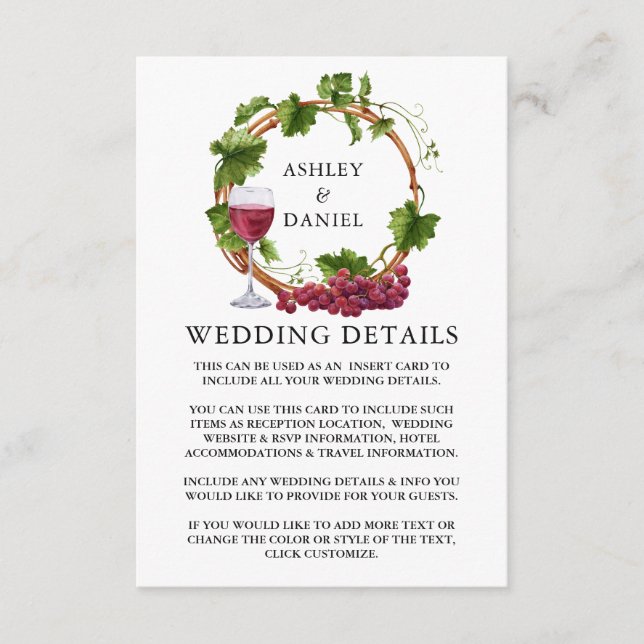 Watercolor Grape Vines Wood Wreath Wedding Details Enclosure Card (Front)