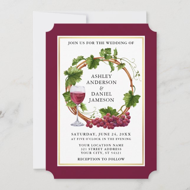 Watercolor Grape Vines Wreath Burgundy Wedding Invitation (Front)