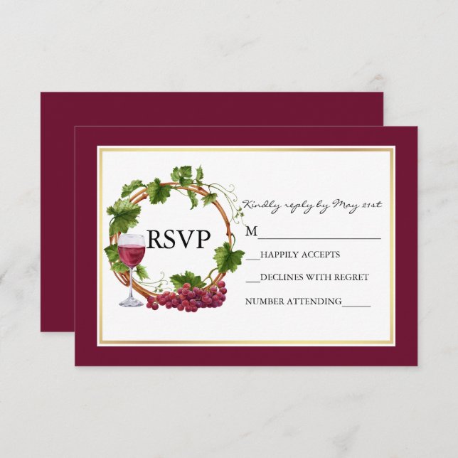 Watercolor Grape Vines Wreath Burgundy Wedding RSVP Card (Front/Back)