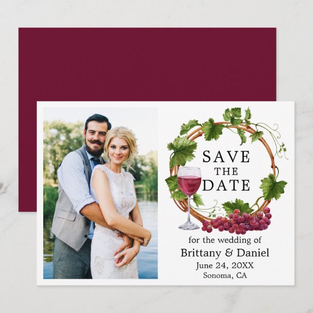 Watercolor Grape Vines Wreath Photo Burgundy Save The Date (Front/Back)