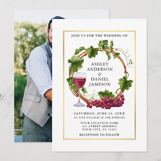 Watercolor Grape Vines Wreath Photo Gold Wedding Invitation (Front/Back)