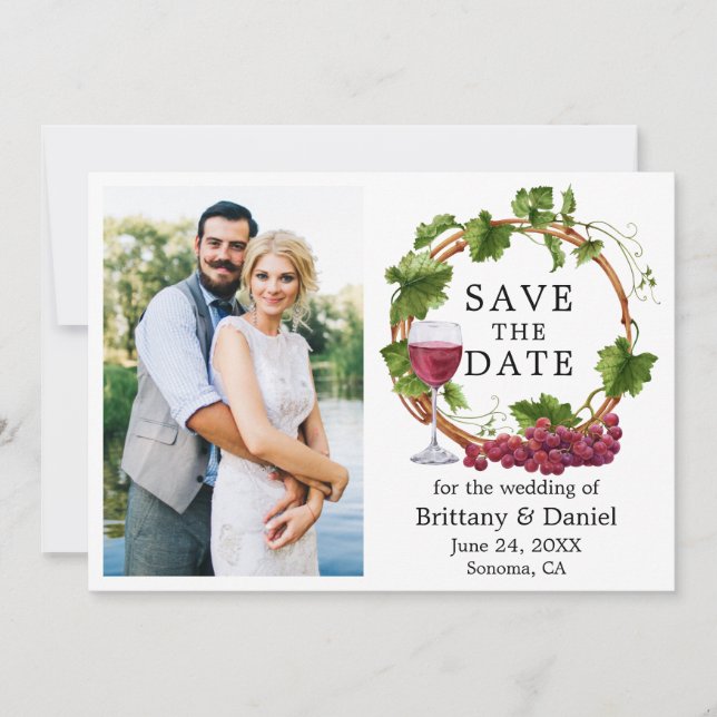 Watercolor Grape Vines Wreath Photo Save The Date (Front)
