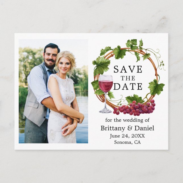 Watercolor Grape Vines Wreath Photo Save The Date Postcard (Front)