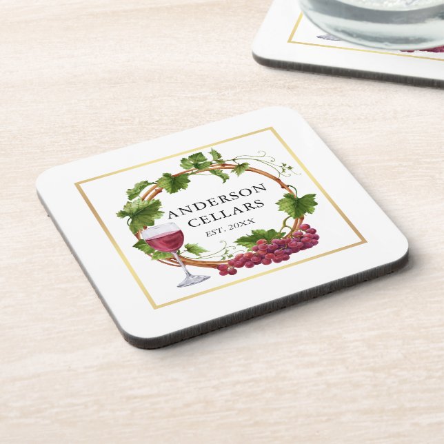 Watercolor Grape Vines Wreath Wine Cellar Gold Coaster (Left Side)