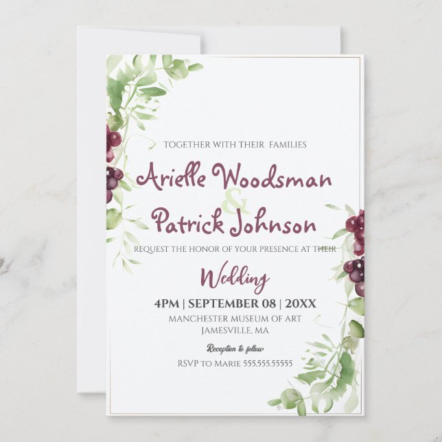 Watercolor Grape Wedding Painting Minimalist  Invitation (Front)