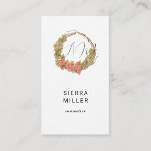 Watercolor grape wreath monogram wine business card