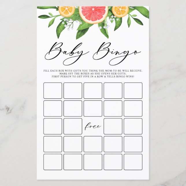Watercolor Grapefruit Baby Bingo Baby Shower Game (Front)