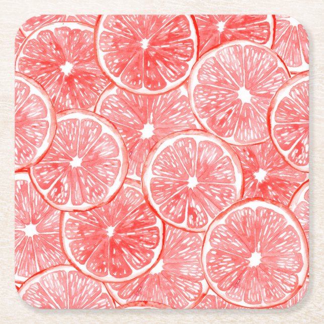 Watercolor grapefruit slices pattern square paper coaster (Front)