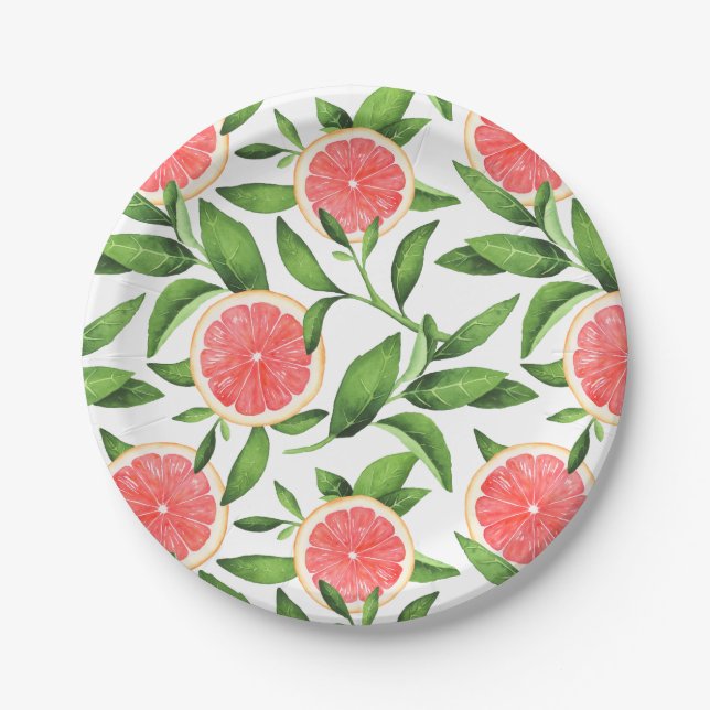Watercolor Grapefruits and Greenery Pattern Paper Plate (Front)