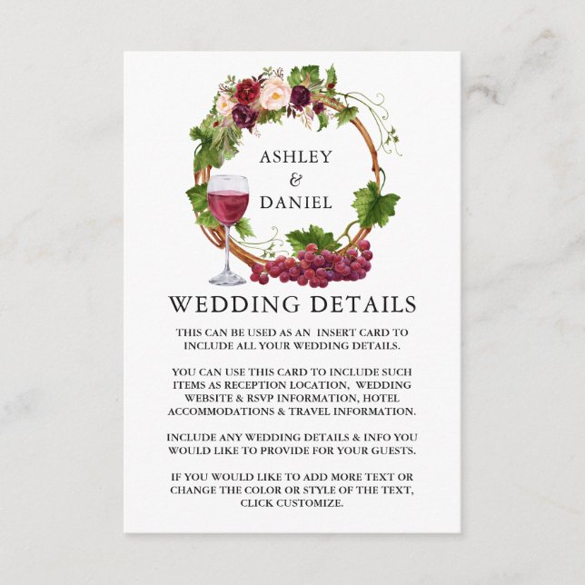 Watercolor Grapes Floral Wreath Wedding Details Enclosure Card (Front)