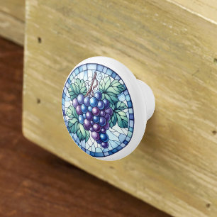 Watercolor Grapes Stained Glass Blue Purple Green Ceramic Knob