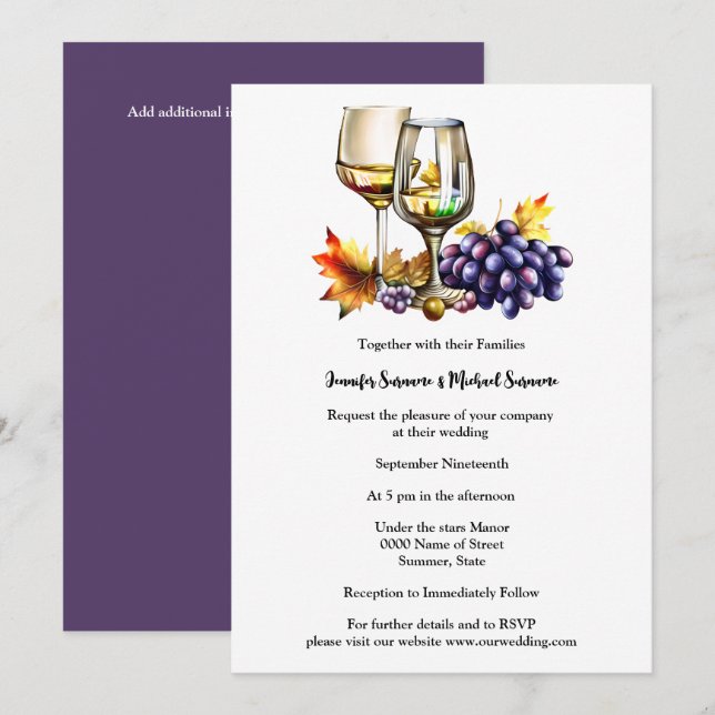 Watercolor grapes wine glasses winery vineyard invitation (Front/Back)