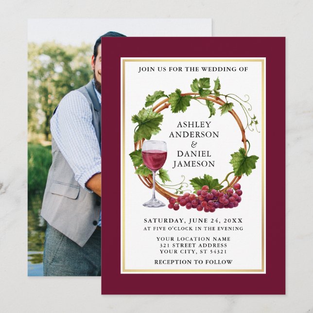 Watercolor Grapes Wreath Photo Burgundy Wedding Invitation (Front/Back)