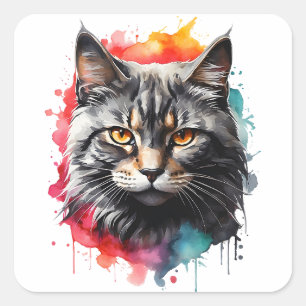 Watercolor Gray Tabby Cat Splatter Art Portrait  Square Sticker