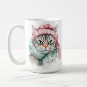 WATERCOLOR GRAY TABBY WITH PINK & BLUE HAT SCARF COFFEE MUG