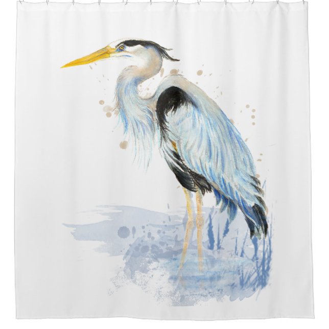 Watercolor Great Blue Heron Bird Shower Curtain (Front)