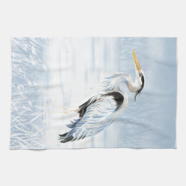 Watercolor Great Blue Heron Bird Tea Towel (Horizontal)