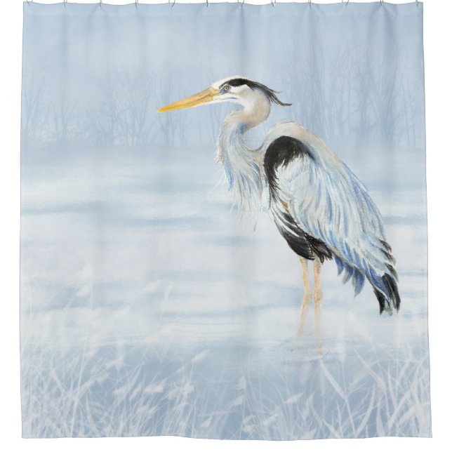 Watercolor Great Blue Heron Bird Wildlife Art Shower Curtain (Front)