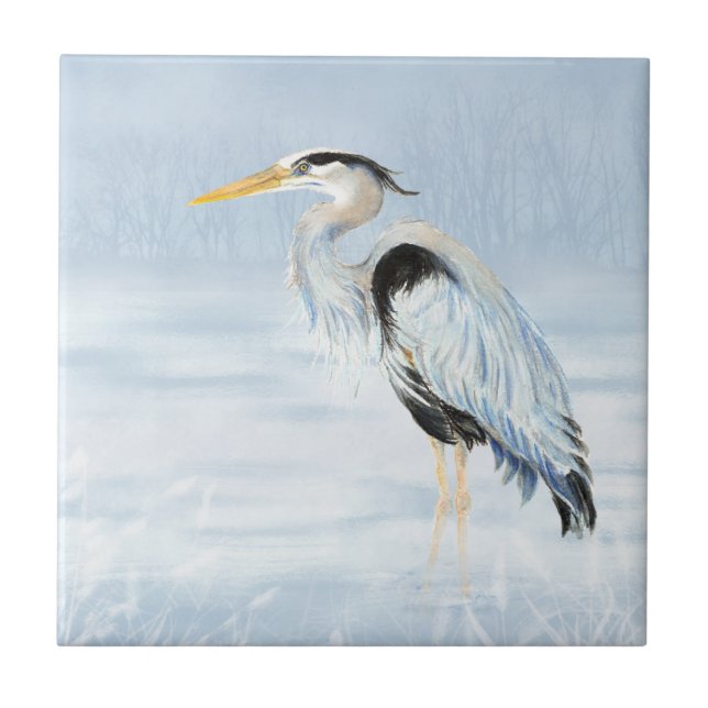 Watercolor Great Blue Heron Bird Wildlife Art Tile (Front)