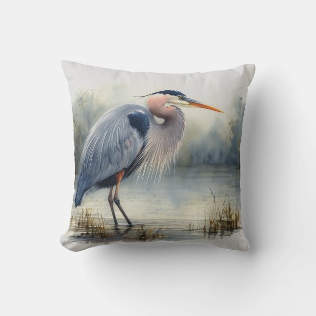 Watercolor Great Blue Heron Bird Wildlife Nature  Cushion (Front)