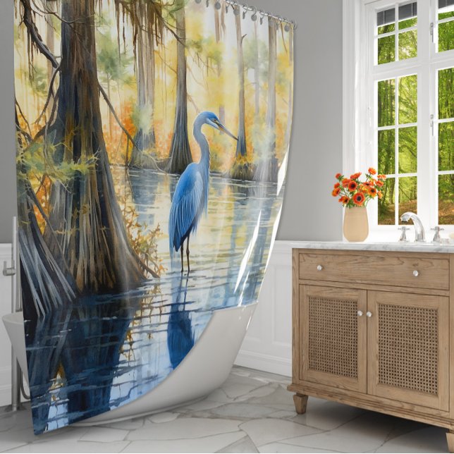 Watercolor Great Blue Heron Cypress Swamp Shower Curtain (Creator Uploaded)