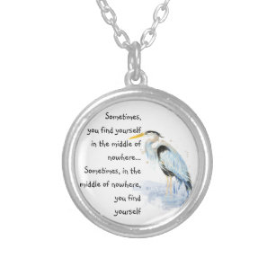 Watercolor Great Blue Heron Inspirational Quote Silver Plated Necklace
