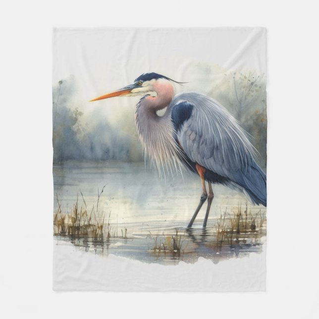 Watercolor Great Blue Heron Water Bird Wildlife  Fleece Blanket (Front)