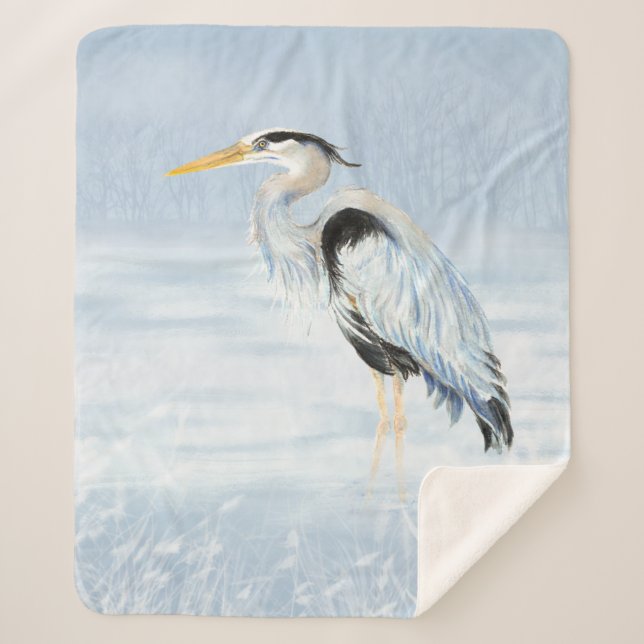 Watercolor Great Blue Heron Water Bird Wildlife  Sherpa Blanket (Front)
