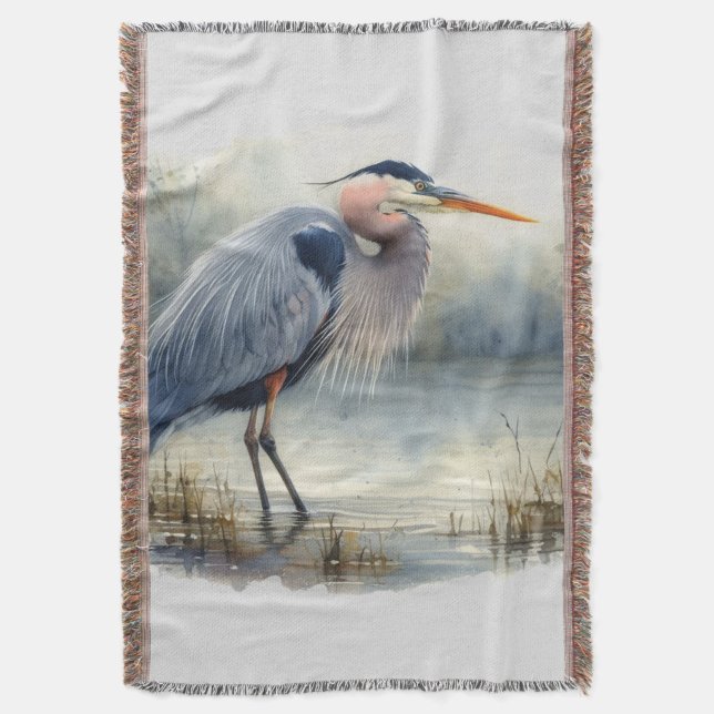 Watercolor Great Blue Heron Water Bird Wildlife  Throw Blanket (Front Vertical)