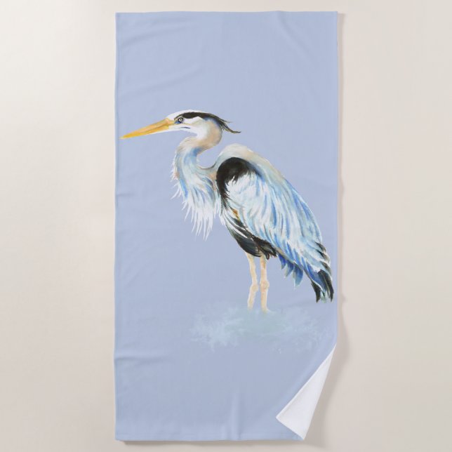 Watercolor Great Blue Heron Wildlife Art Beach Towel (Front)