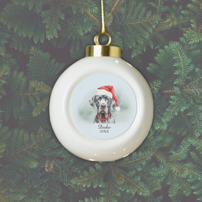 Watercolor Great Dane Santa Hat Personalised Ceramic Ball Christmas Ornament (Pesonalize by adding Dog's name and the Year, or add different text, or delete if not required.)