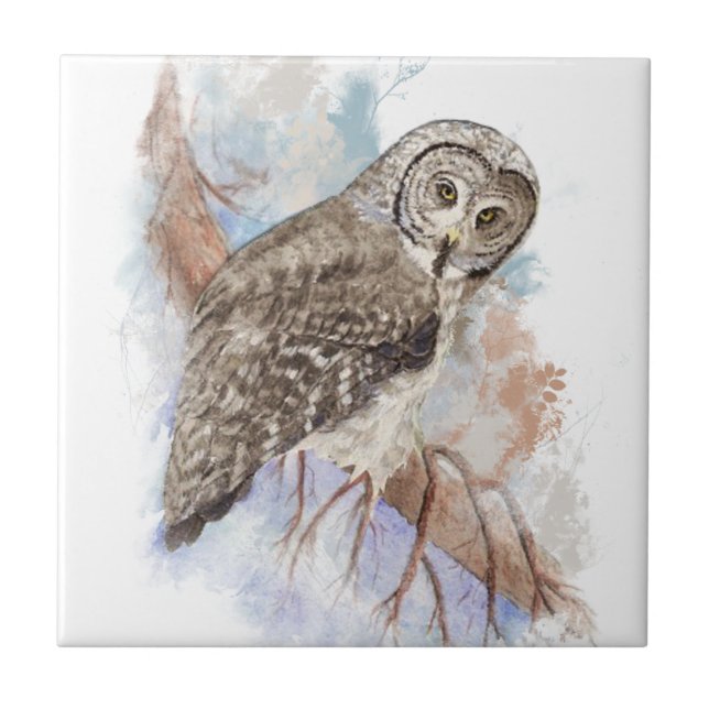 Watercolor Great Grey Owl  Bird Art Tile (Front)