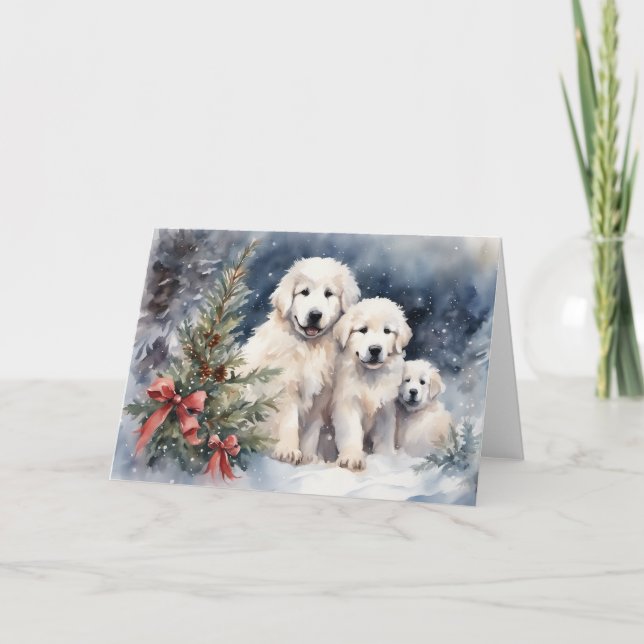 Watercolor Great Pyrenees Puppies 1 Xmas Scene Card (Front)