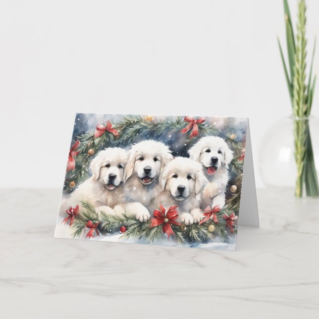 Watercolor Great Pyrenees Puppies 4 Xmas Scene Card (Front)