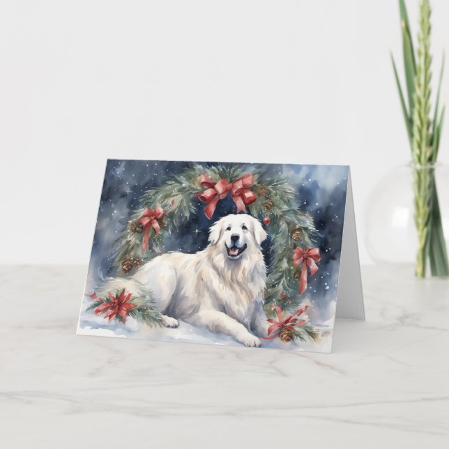 Watercolor Great Pyrenees Xmas Scene Card (Front)