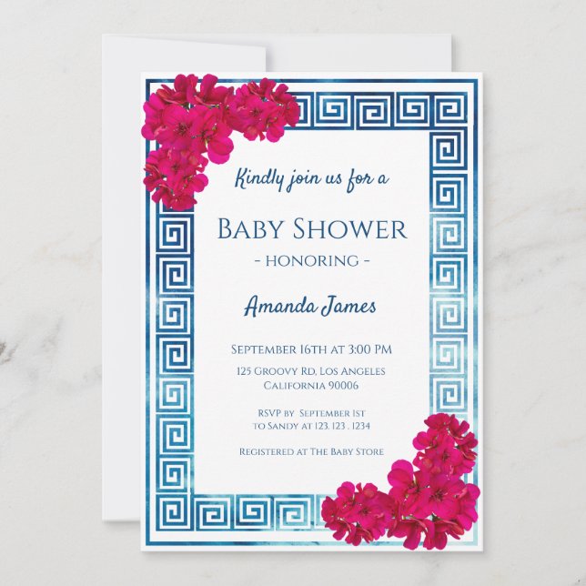 Watercolor Grecian Elegance + Pink Baby Shower Invitation (Front)