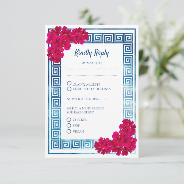 Watercolor Grecian Elegance + Pink Flower RSVP Enclosure Card (Standing Front)