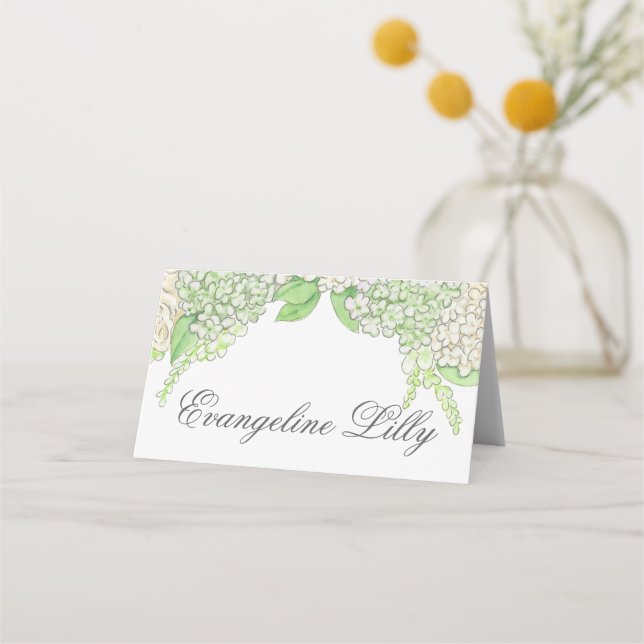 Watercolor Gree and White Hydrangea Crest Wedding  Place Card (Front)