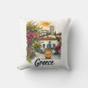 Watercolor Greece: Village Scene with Flowers Cushion