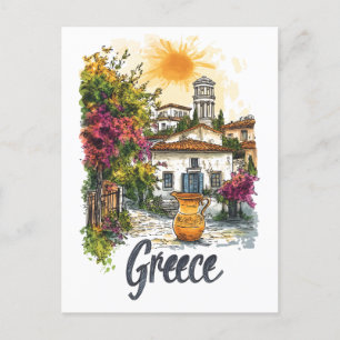 Watercolor Greece: Village Scene with Flowers Holiday Postcard
